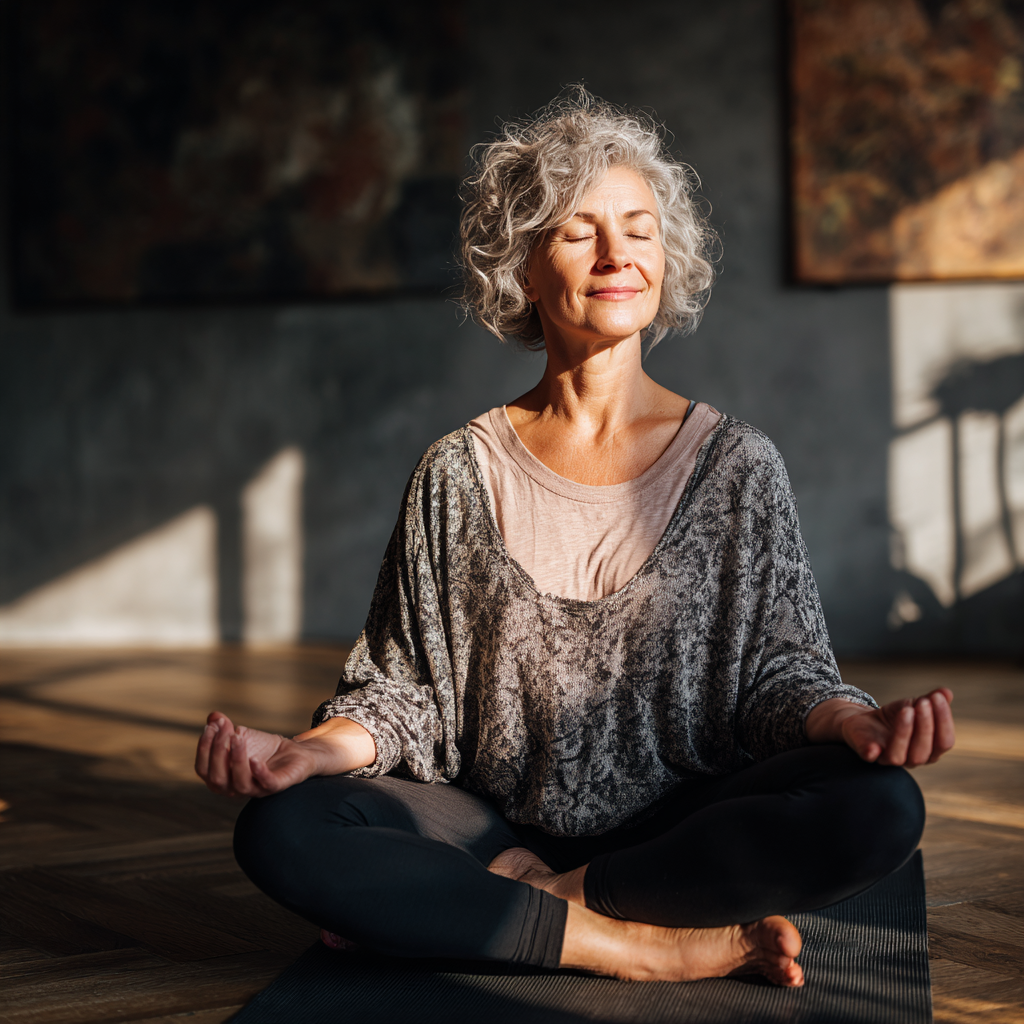 Professional Ukrainian adult performing simple desk yoga stretches in a modern office environment, showing peaceful concentration and stress relief